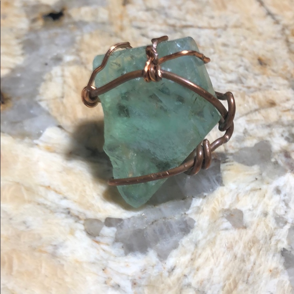 Handcrafted green stone caged wire ring